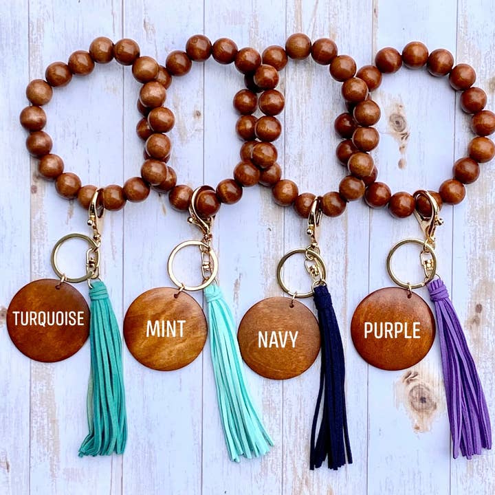KW Custom Creations - Wholesale Keychain Bracelet - Wooden Beads Wristlet - Suede Tassel Blank