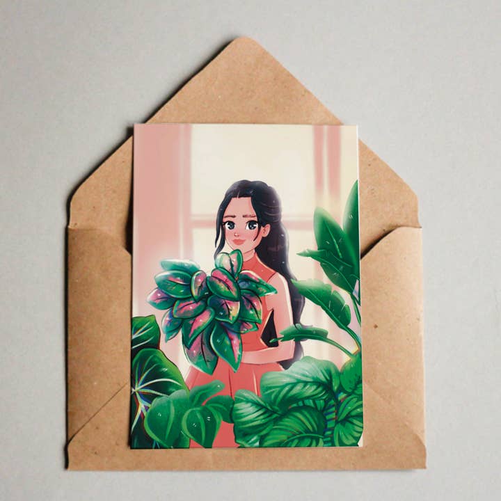 Postcard/A6 Print - Philodendron Pink Princess girl for wholesale by plantyintroverts