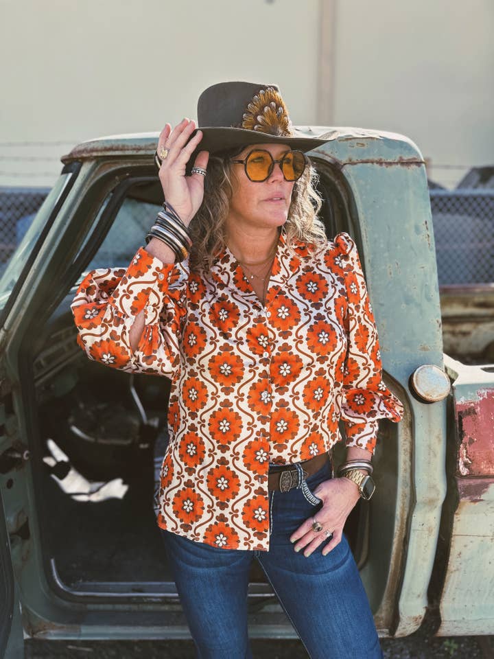 Lil Bee's Bohemian Brand - Wholesale Button Down Shirt - Women's - PRE PACK Going to California Large Poppy Flower Pouf Sleeve Button Up Blouse (1S-2M-2L-1XL)