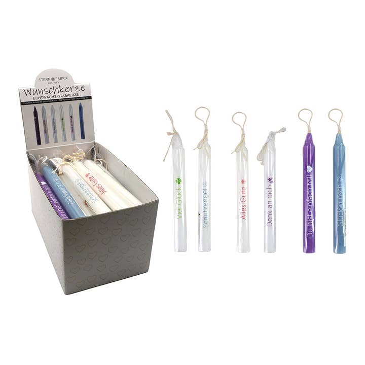 Vela cónica con frase, 6 diseños de cera de colores (A/L/P) 2x19x2cm en expositor de 36 unidades 25x14x14cm para venta al por mayor de Wurm