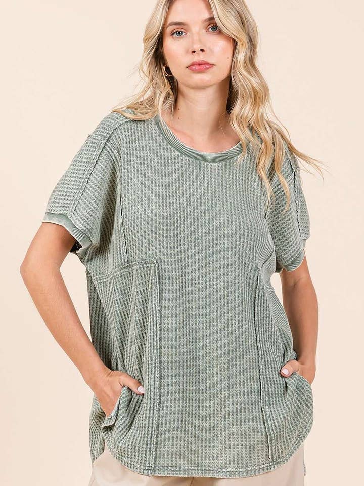 mittoshop - Wholesale Tunic - Women's - MINERAL WASH WAFFLE KNIT SEAM DETAIL TUNIC TOP
