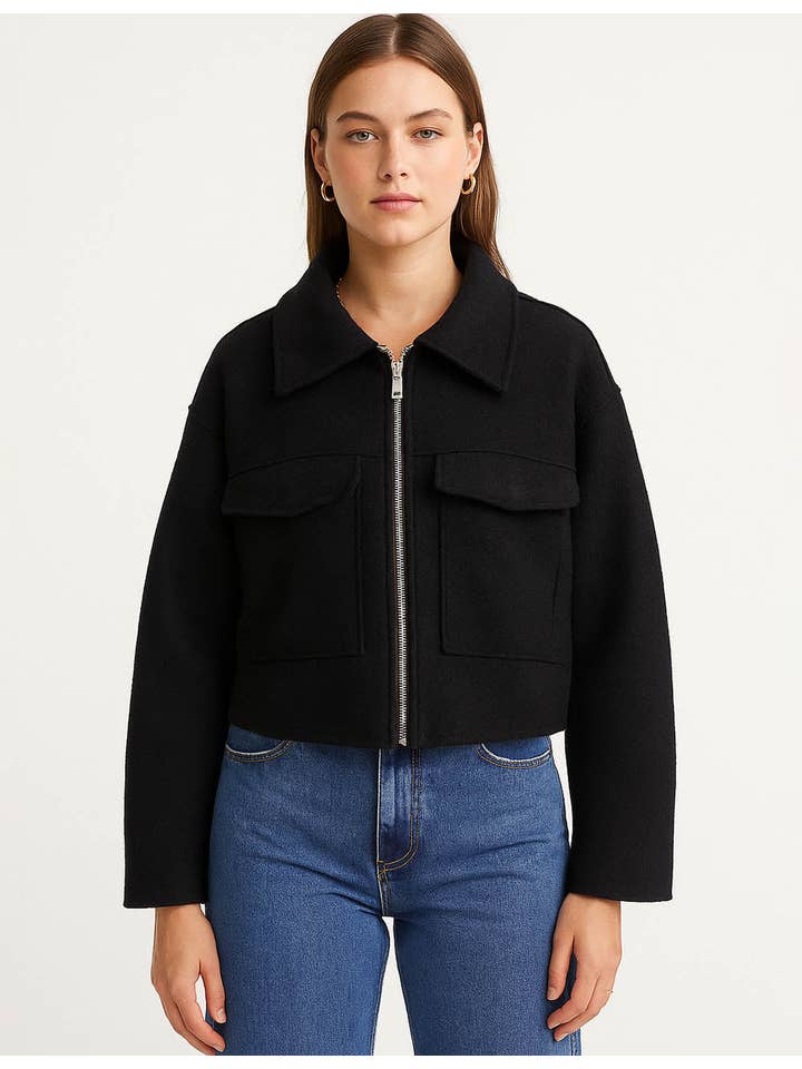 Sweetkama - Wholesale Jacket - Women's - Ladies Turn Down Collar Boxy Cropped Wool Blend Jacket14