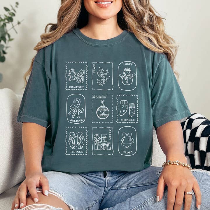 Scripted Pearl - Wholesale Screen Printed T-Shirt - Women's - Christmas Stamps Comfort Colors Holiday Graphic T Shirt7