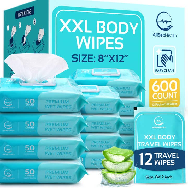 AllSett Health - Wholesale Face & Body Wipes - Body Wipes for Adults - XL Wet Wipes 8" x 12" (600 count) | Rinse Free Bathing Wipes - Wash Cloths for incontinence, Disposable Washcloths with Aloe Vera and Vitamin E - Camping, Elderly, Bathing