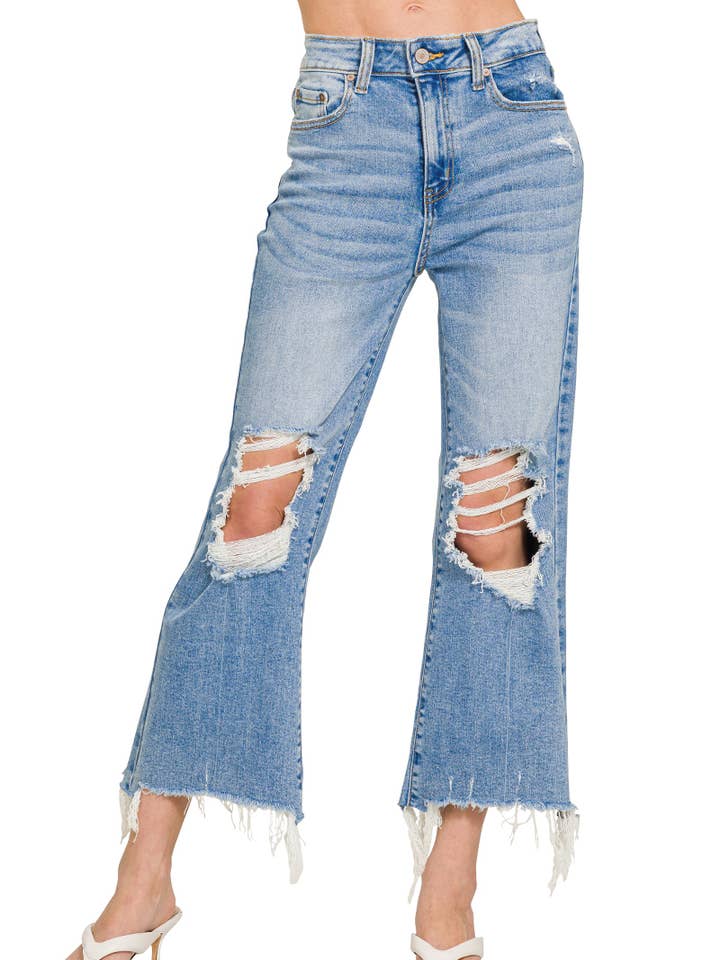 Distressed Knee Raw Frayed Hem Cropped Denim Pants for wholesale by Vanilla Monkey