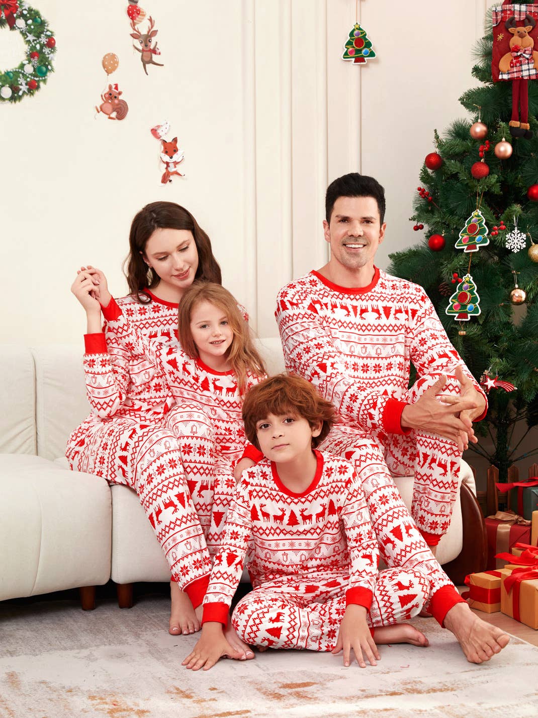 Family Matching Red White Reindeer Christmas Pajama Sets for wholesale on Faire5