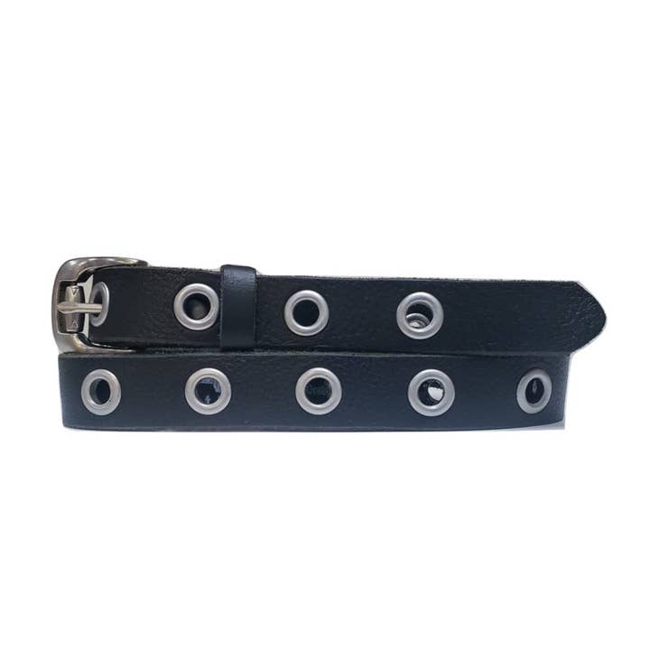 Exene - Ceinture fine noire en cuir pleine fleur avec œillets - Fabriquée au Canada pour la vente par NAB LEATHER