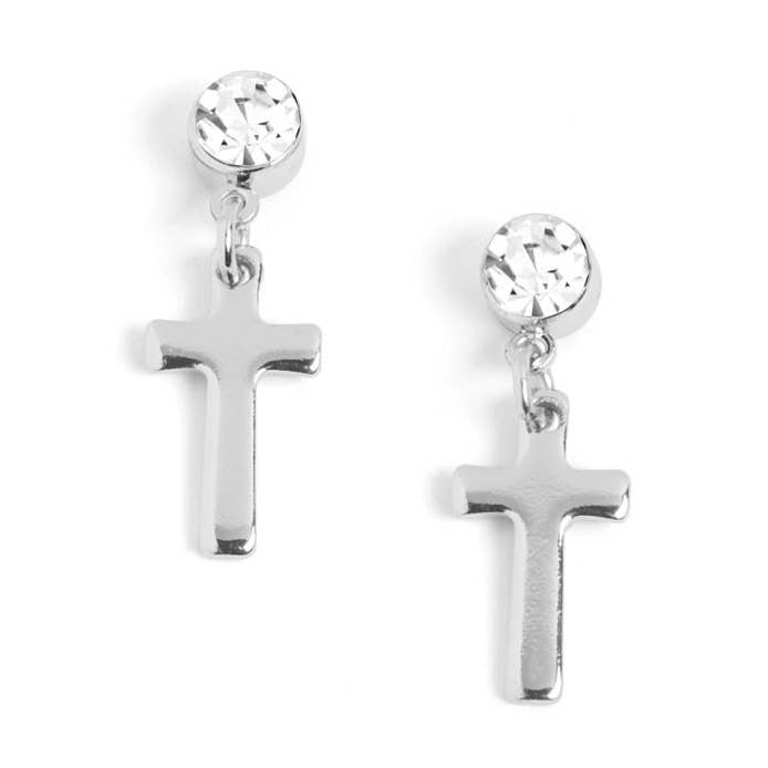 Clear Stone Cross Dangle Earrings - Silver for wholesale by Whispers