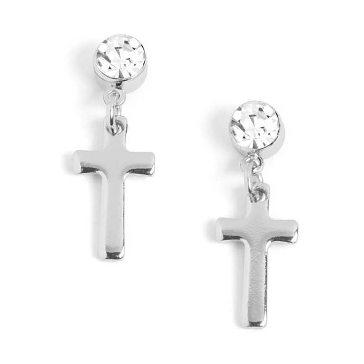 Clear Stone Cross Dangle Earrings - Silver for wholesale by Whispers