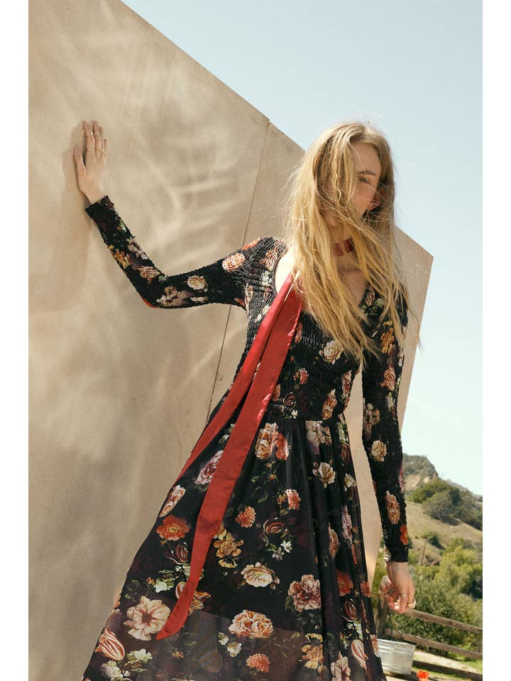 BLACK Floral-Print Mesh Smocked Long-Sleeve Maxi Dress for wholesale on Faire5