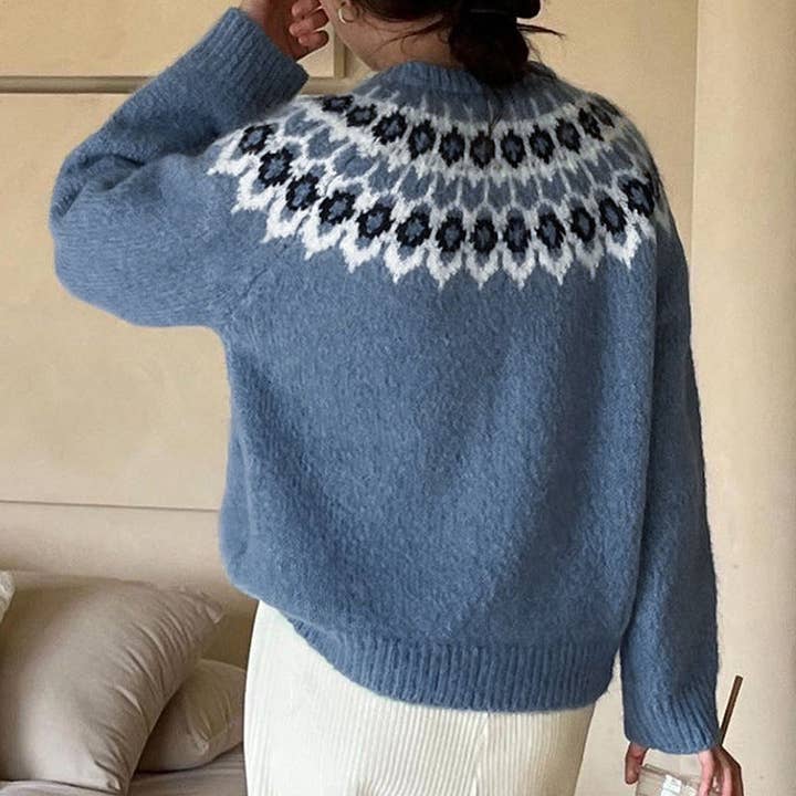BLUE Nordic Pattern Crew Neck Knit Sweater for wholesale on Faire1