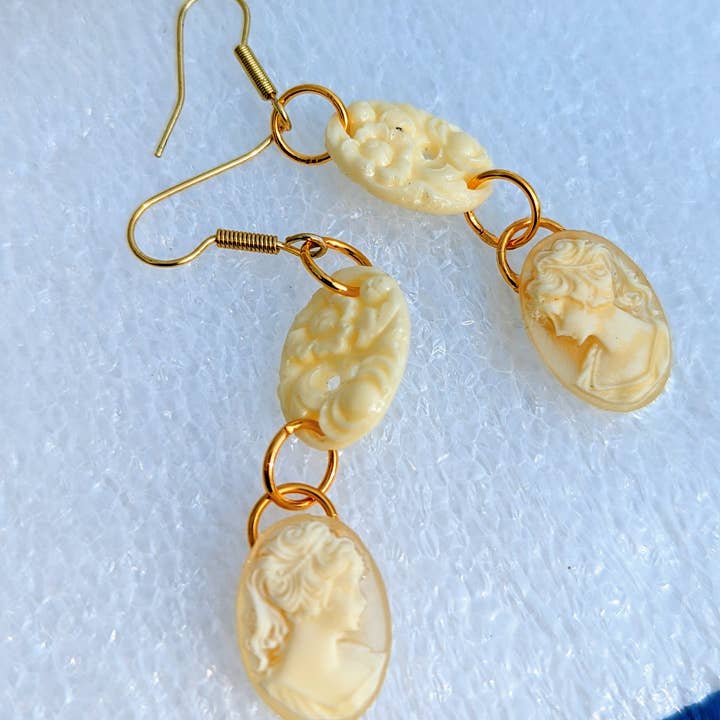 Gay Isber Designs - Wholesale Dangle Earrings - Small Cream Vintage Double Cameos Ponytail Earrings