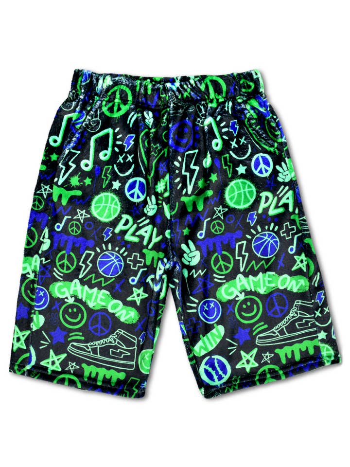 Iscream - Wholesale Shorts - Kids - COREY PAIGE GRAFFITI GAMER PLUSH BOARD SHORTS (MED 10-12)
