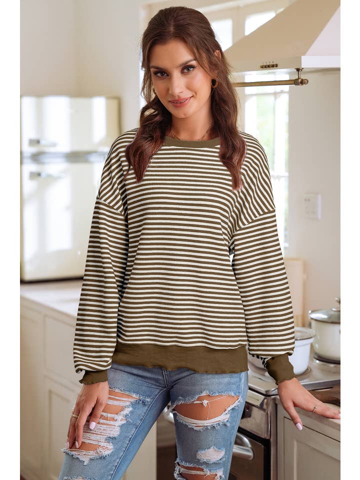 1 the Woman - Wholesale Knit Top - Women's - Valantine Stripe Drop Shoulder Long Sleeve Top | 5 Colors5