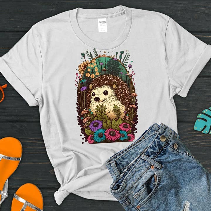 Vivtrek - Wholesale Screen Printed T-Shirt - Women's - Baby Hedgehog Floral Cottagecore Tshirt, Flower6