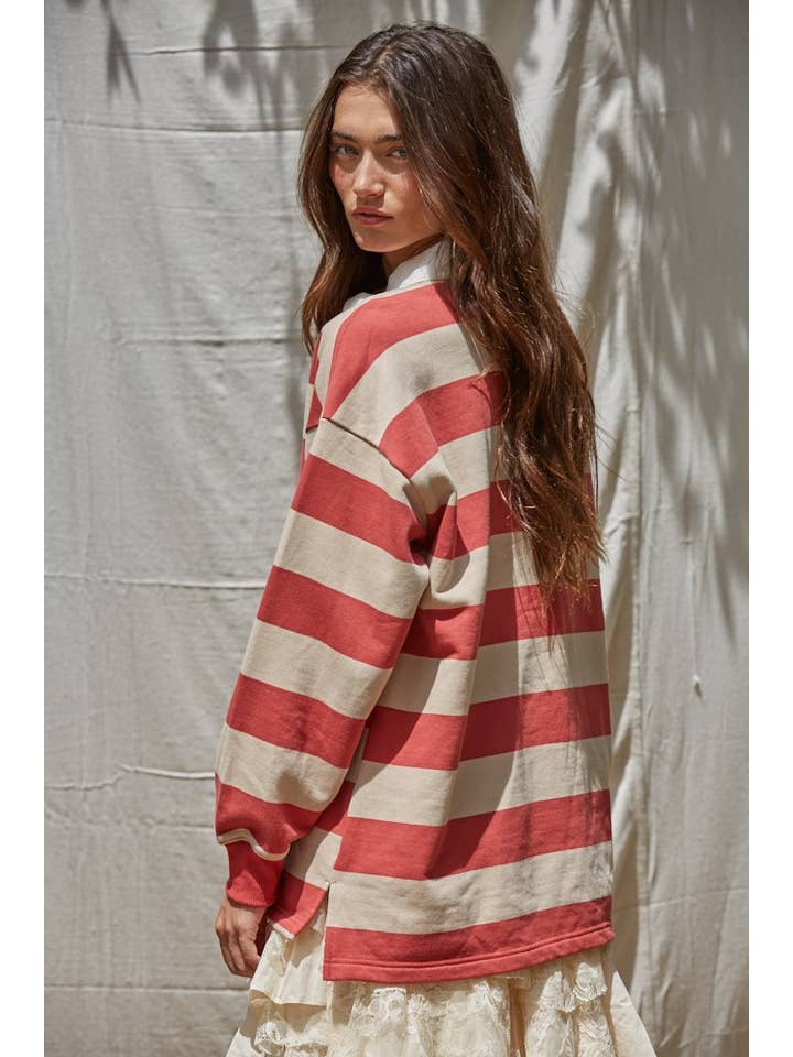 By Together - Wholesale Sweatshirt - Women's - L8802 | Knit Cotton Striped French Terry Collar Neck Top