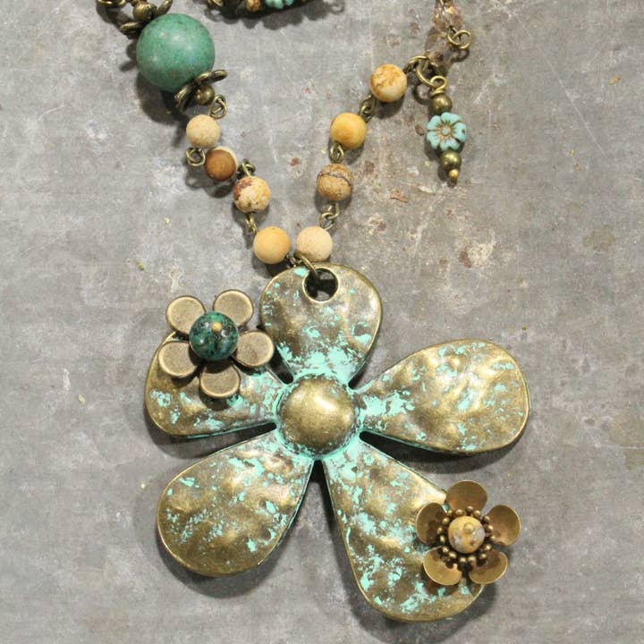 The Primitive Peddler, Inc. - Wholesale Pendant/Charm Necklace - Patina 3D Flower & Czech Layered Necklace1