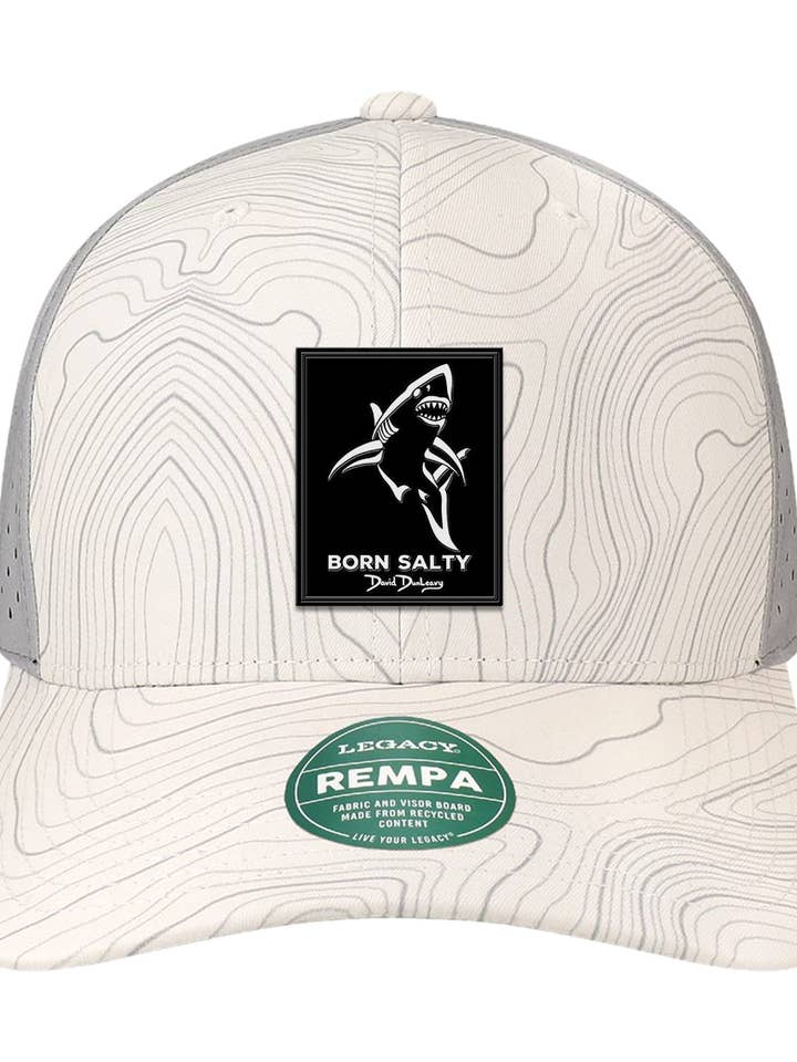 Born Salty Shark Deco Performance White Grey Topo Hat for wholesale by David Dunleavy