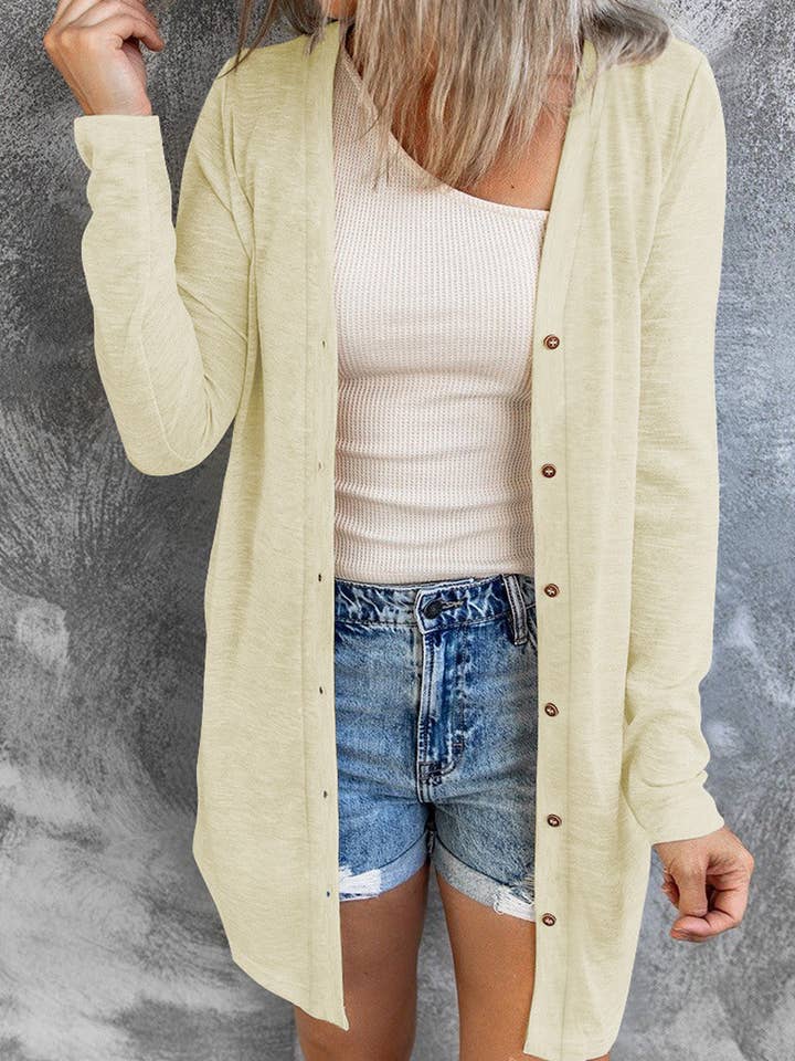 Suhkasana - Wholesale Cardigan - Women's - Beige Solid Color Open-Front Buttons Cardigan0