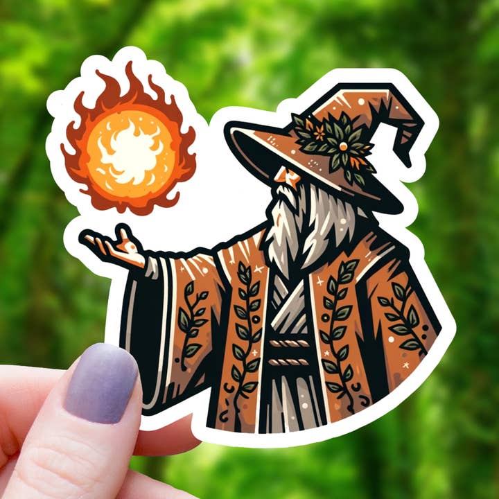 Cottagecore Wizard Holding Fireball Sticker - 3" for wholesale by Mimic Gaming Co