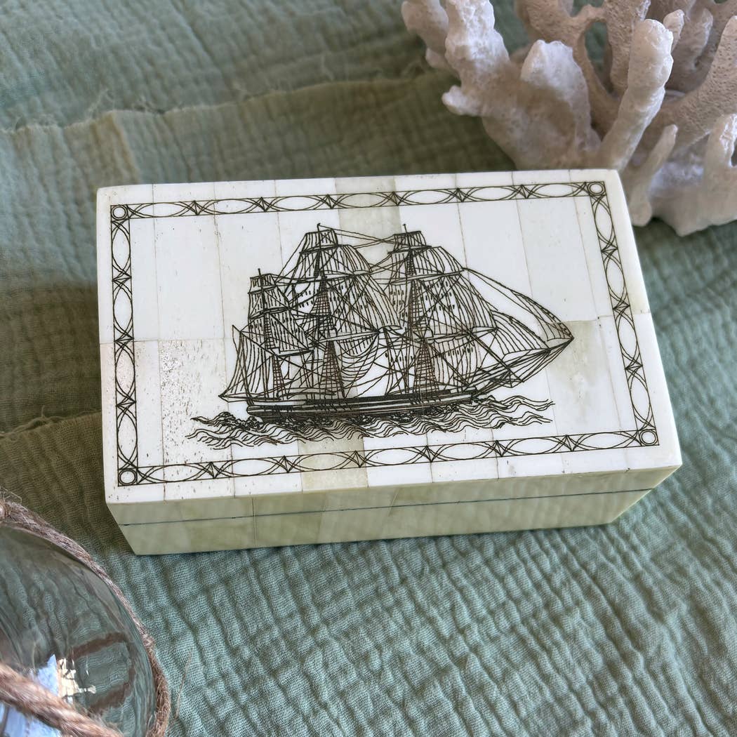 Madison Bay Co. - Historical Home Decor Reproductions - Wholesale Decorative Box - Whaling Ship Etched Vintage Scrimshaw Bone Box, 5-1/4”2