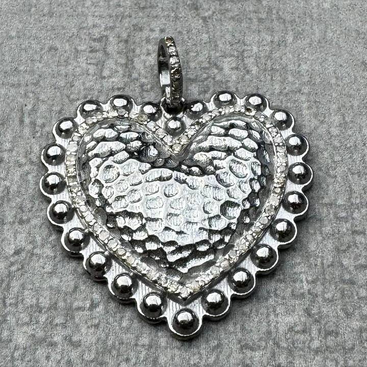 Hammered Heart with Pave Diamond Border Pendant for wholesale by ILISSA MICHELE JEWELRY