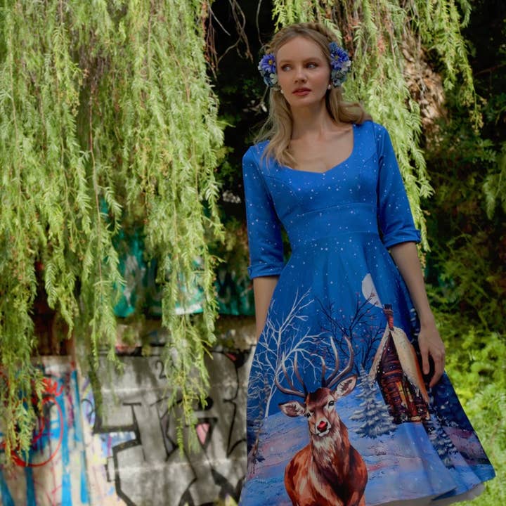 Scarlette Blue Reindeer Christmas Swing Dress for wholesale by Dolly & Dotty