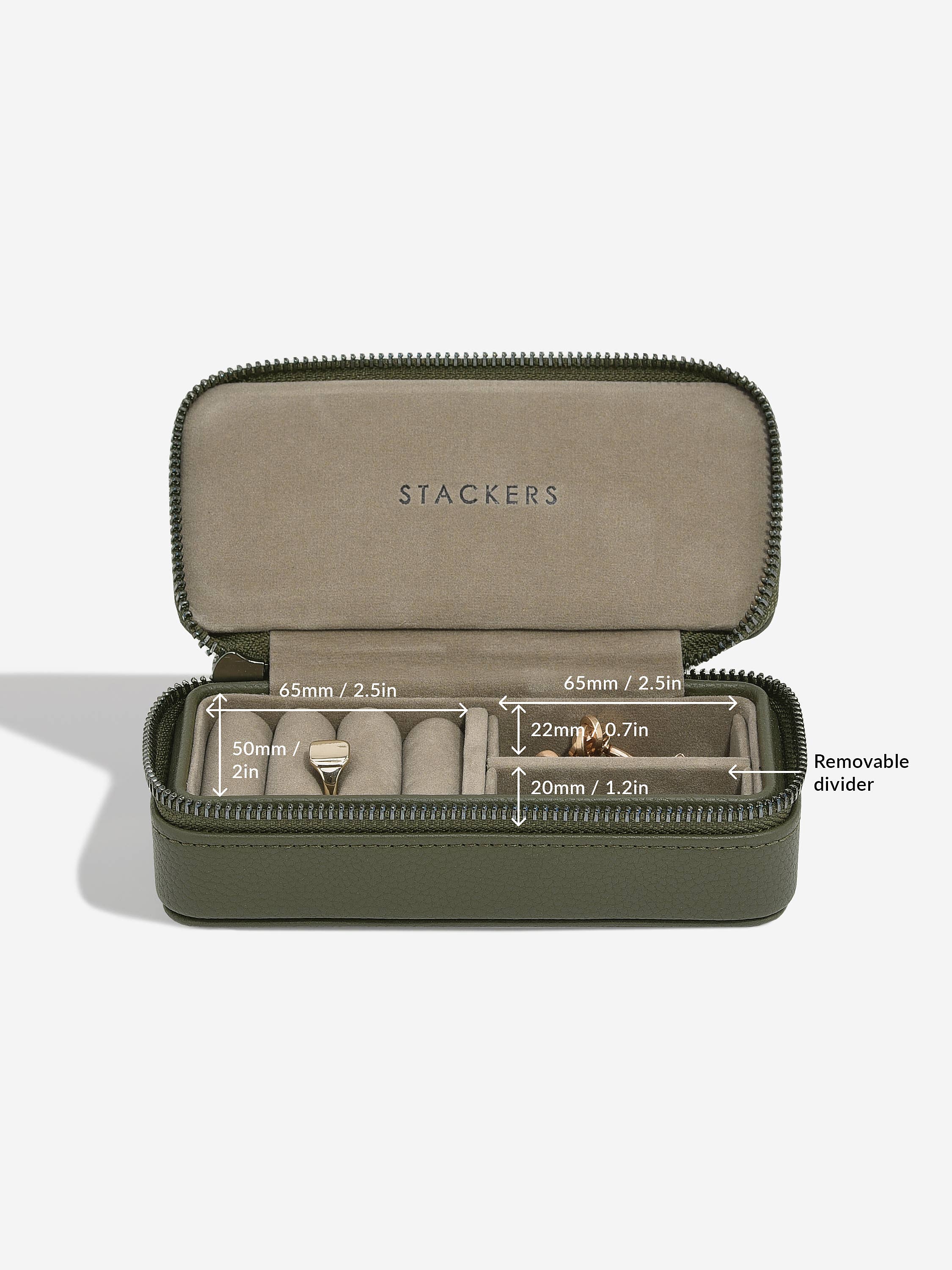 Stackers – wholesale Jewellery box/organiser – Olive Green Medium Zipped Travel Jewellery Box3