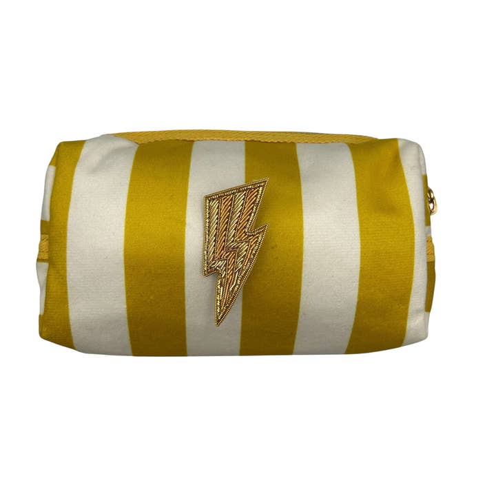 Yellow stripe makeup bag & Lightning bolt Brooch for wholesale by Sixton London