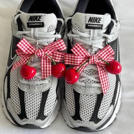 Totomi Shoe Charm – Cherry & Red Plaid Ribbon Delight 🍒✨ for wholesale by MOND HAUS