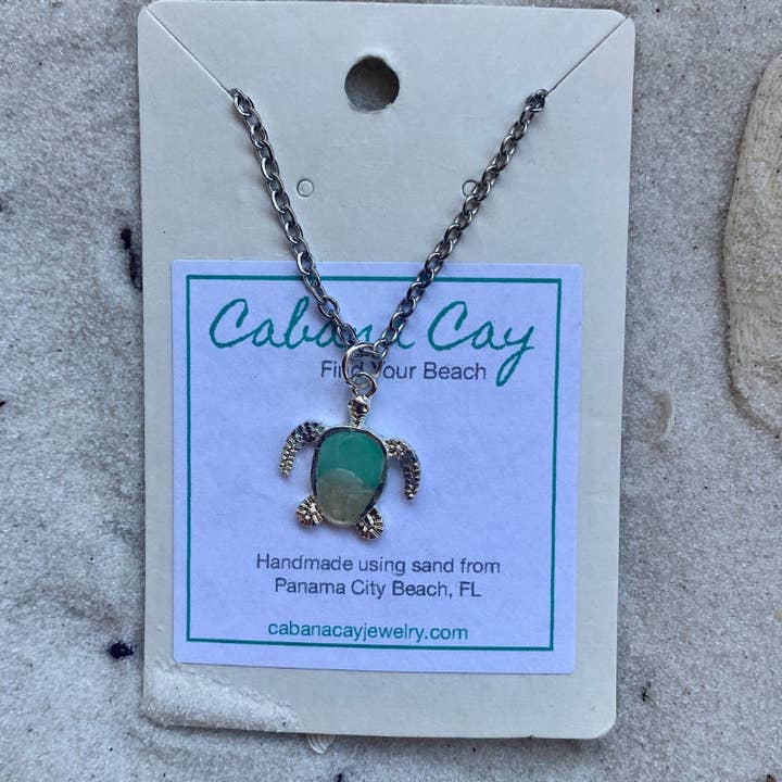 Beach Sand Petite Silver Turtle Necklace (choose your beach) for wholesale by Cabana Cay