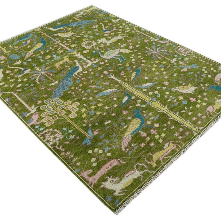 The Rug Decor, Inc. - Wholesale Area Rug - The Green Jungle Life Teal and Peach Peacock Bird Hand Knotted Custom Made Wool Area Rug9