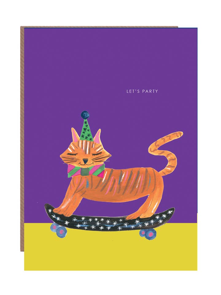 Biglietto di Auguri di Compleanno 'Gatto Festaiolo sullo Skateboard' per la vendita all'ingrosso da parte di Hutch Cassidy