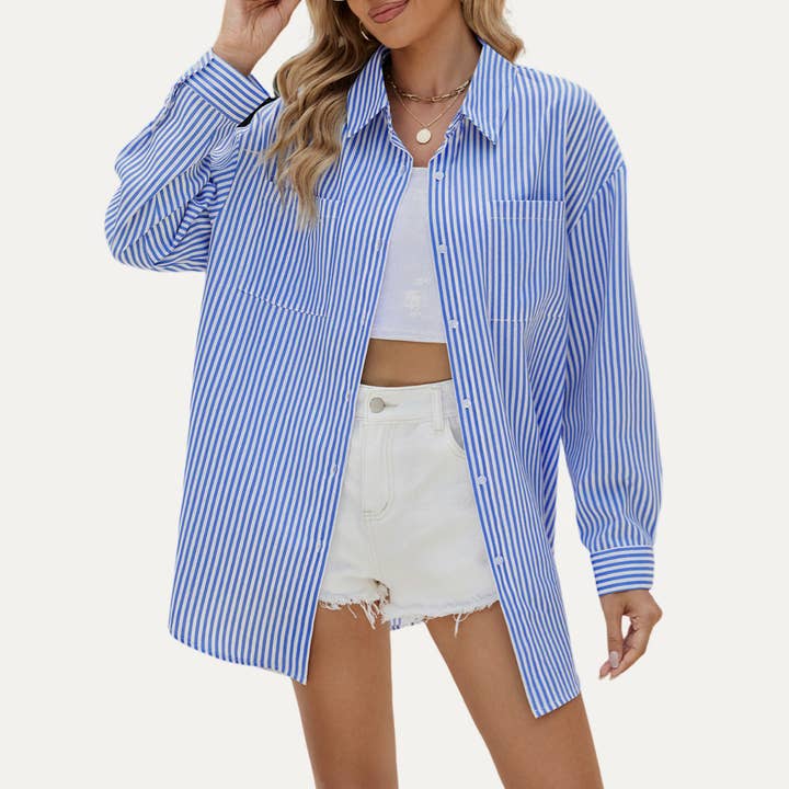 The Moment Collection - Wholesale Button Down Shirt - Women's - Actively Stripe Printed Long Sleeve Button-Up Shirt