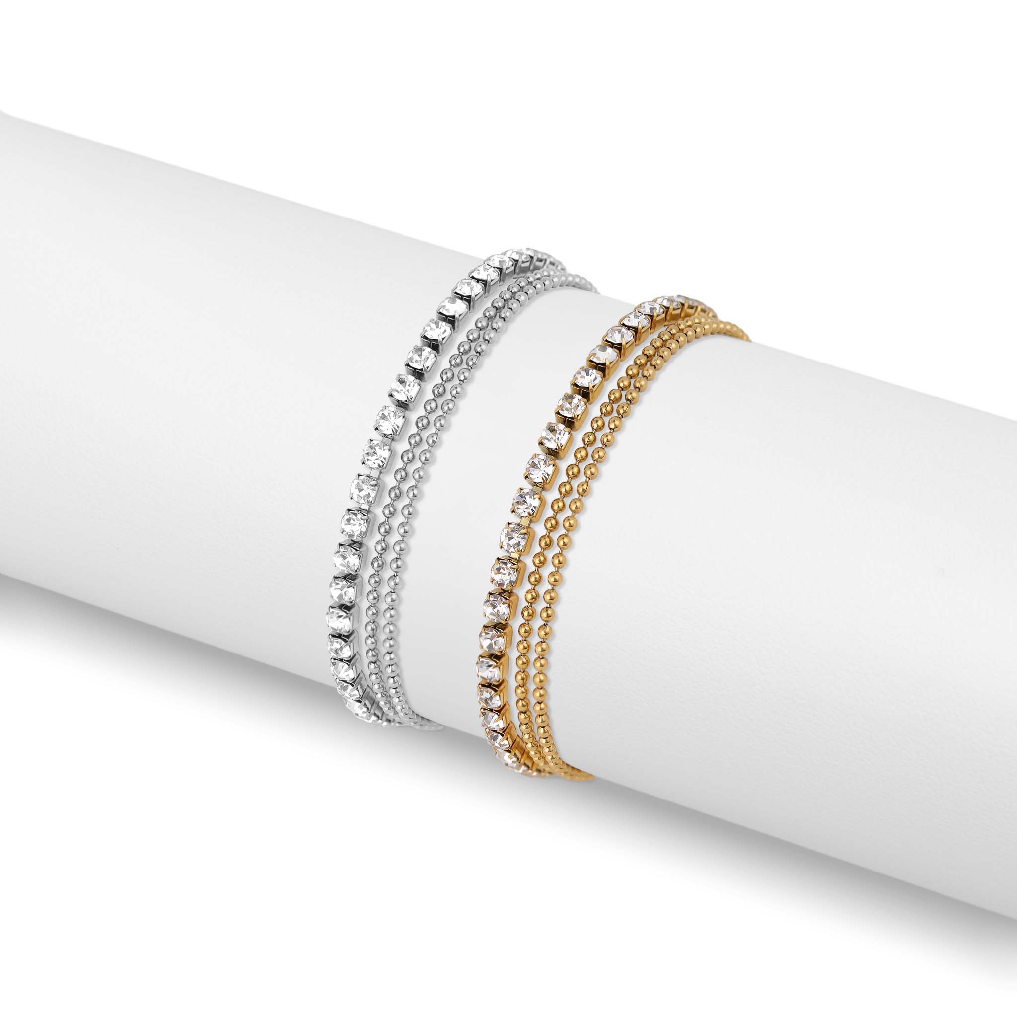 WJW – Großhandel Fußkettchen – Elegantes 3-reihiges Fußkettchen aus 18K Gold PVD mit feinen Perlen und Strass1