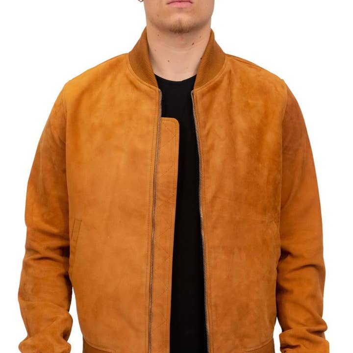 Mens Retro Goat Suede Varsity Leather Bomber Jacket-Athens for wholesale by Infinity Leather (Upperclass Fashions Ltd)