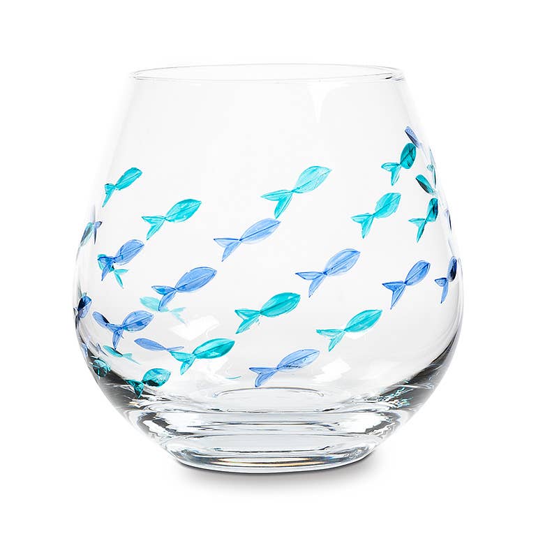 Abbott - Wholesale Wine Glass - Blue & Green Etched Fish Wine Glass1