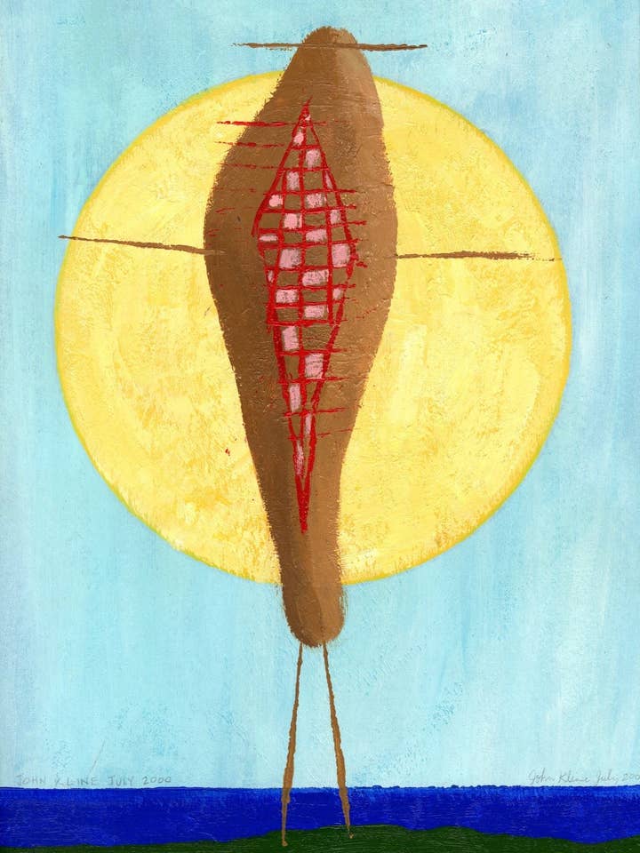 Franconie Notch. Acrylique sur carton. Encadré. 10" x 14". 2000. Peinture originale. Prêt à être accroché. Surréaliste. Klee pour la vente par John Kline Artwork