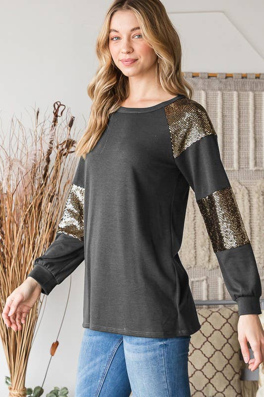 HEIMISH - Wholesale Tunic - Women's - ET6842-10 PUFF SLEEVE SOLID AND SEQUINS TOP12