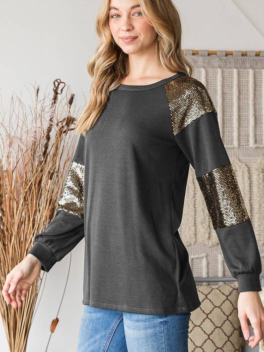HEIMISH - Wholesale Tunic - Women's - ET6842-10 PUFF SLEEVE SOLID AND SEQUINS TOP12