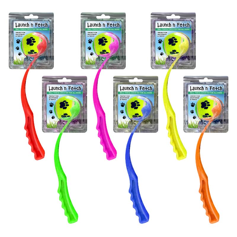 Deluxe Import Trading – Großhandel Haustier-Ballwerfer – Hund – 14" Hundeballwerfer mit Ball, 6 verschiedene Farben0