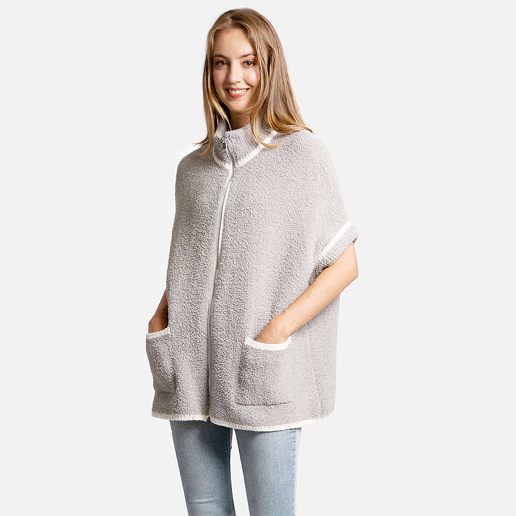 Fashion City - Wholesale Outerwear Poncho - Women's - Solid Zipper Jacket with Outlined Edges12