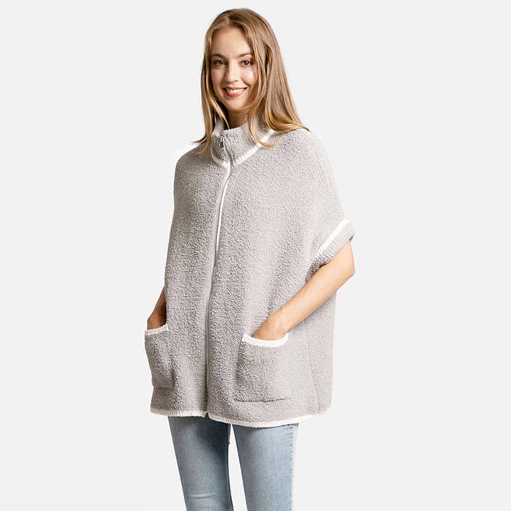 Fashion City - Wholesale Outerwear Poncho - Women's - Solid Zipper Jacket with Outlined Edges12