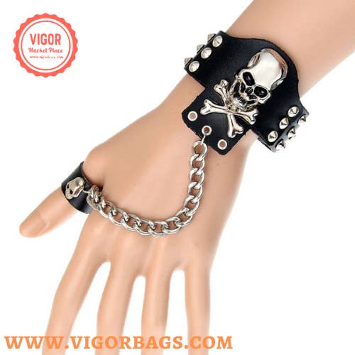 Mix Match Colors Rock ring conjoined ghost head leather bracelet Dance show a for wholesale on Faire6