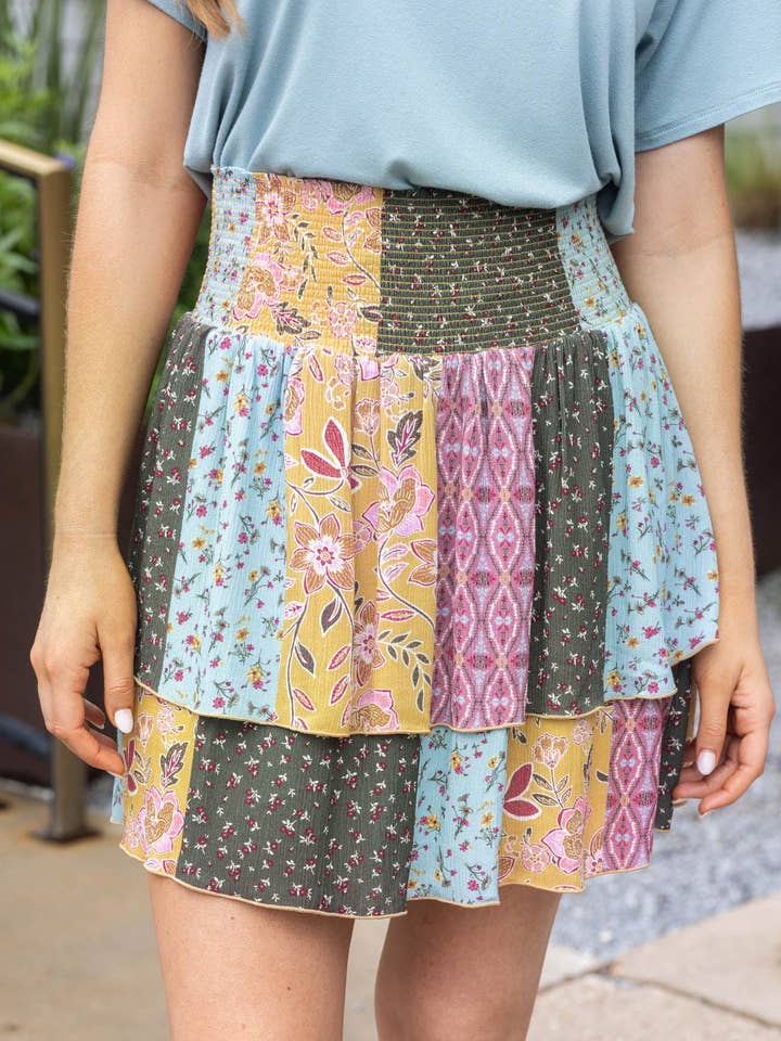 Summer Tiered Skort in Patchwork Print for wholesale by Grace and Lace
