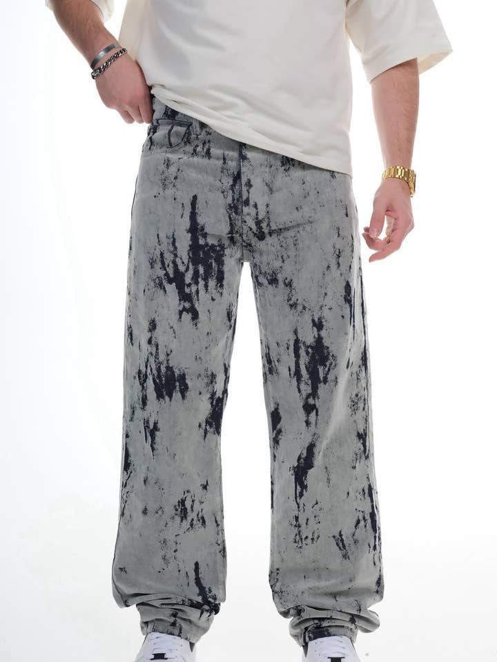 Jeans dritti in denim streetwear grigio lavaggio acido con schizzi per uomo 1025C1544 per la vendita all'ingrosso da parte di Monocloth