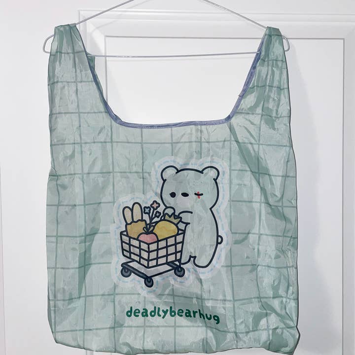 deadlybearhug grocery tote bag (foldable with attached pocket) for wholesale by deadlybearhug