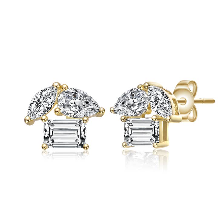 SS 14K GP markies- en smaragdgeslepen oorknopjes met drie stenen voor wholesale door Genevive