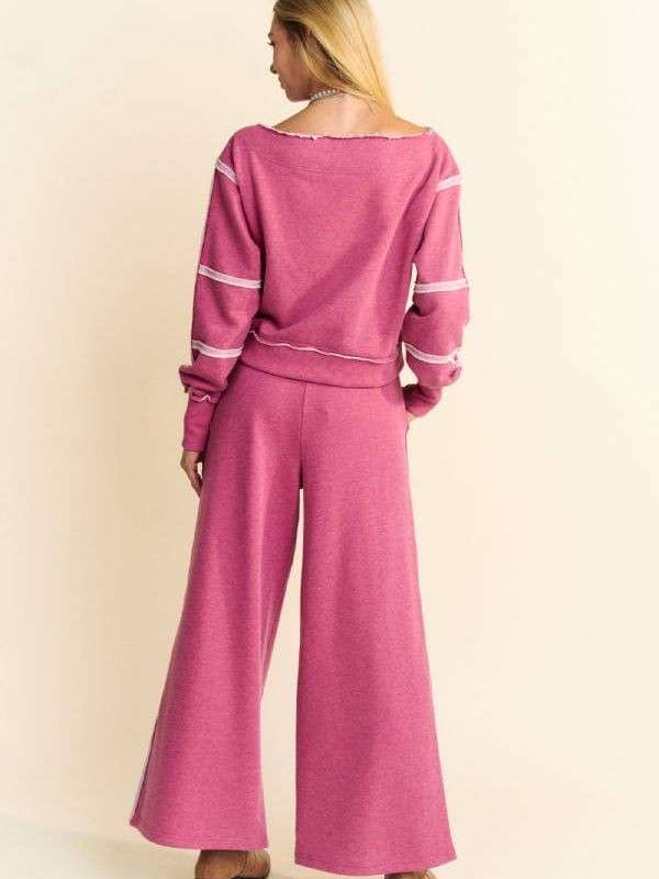 Davi & Dani - Wholesale Top & Pant Set (NOT Loungewear) - Women's - RAW EDGE OUTSEAM TOP ELASTIC WAISTBAND PANTS SET