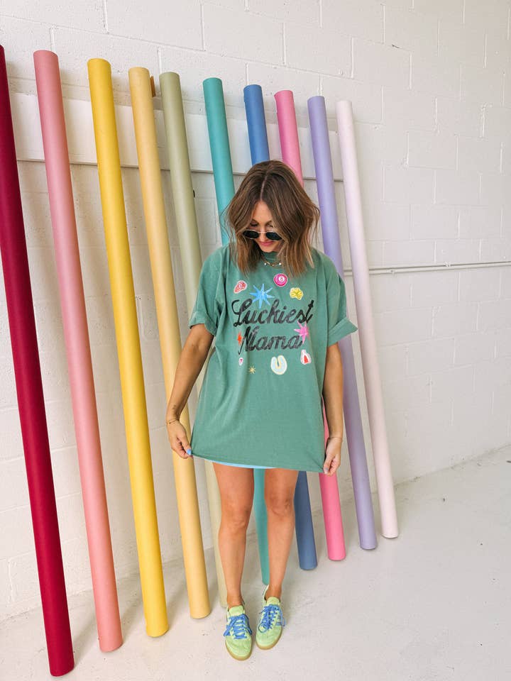 luckiest mama graphic tee - green for wholesale by ETTA & EAST